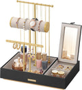 SONGMICS Jewelry Holder, Jewelry Organizer, Jewelry Display Stand, Metal Earring Organizer with Mirror, with Necklace Earring Bracelet Holder, for Rings, Gift Idea, Black and Gold UJJS022B01V1