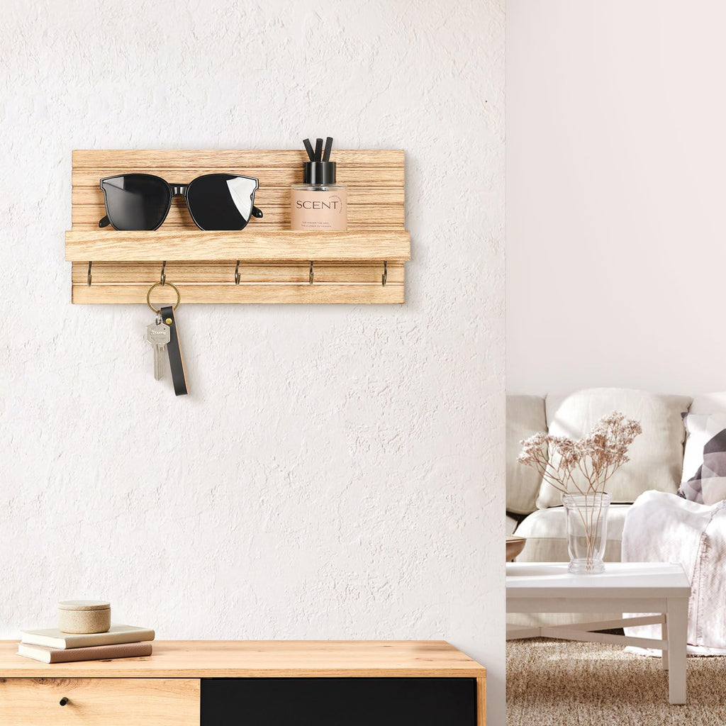 Decorative Key Holder for Wall with Shelf, Entryway Shelf with Hooks Holds Leashes, Jackets and Glasses – Sturdy Wood Keyholder Entrance Hanger with Mounting Hardware (Black, Medium)