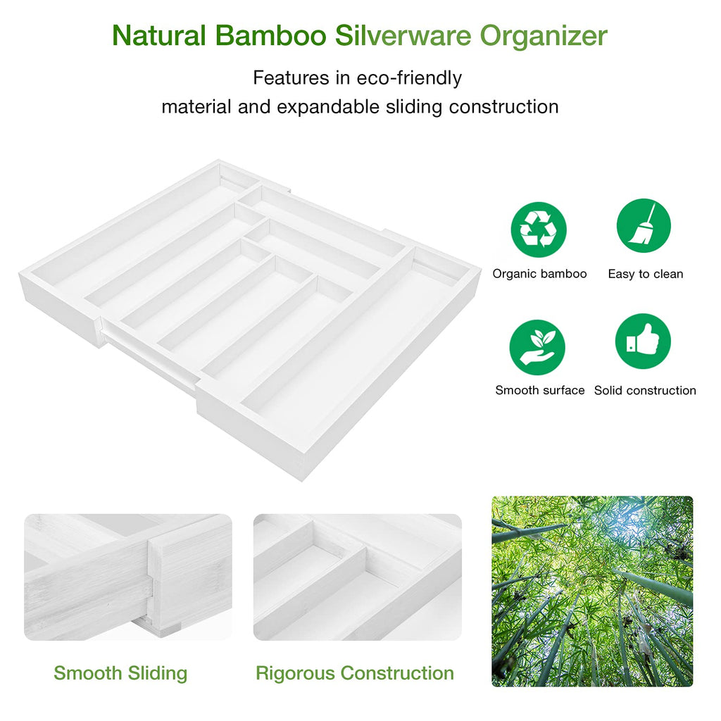 Pipishell Bamboo Expandable Silverware Drawer Organizer, Adjustable Kitchen Utensil Tray for Forks, Spoons and Knives, Wood Storage Cutlery Holder for Bedroom and Living Room