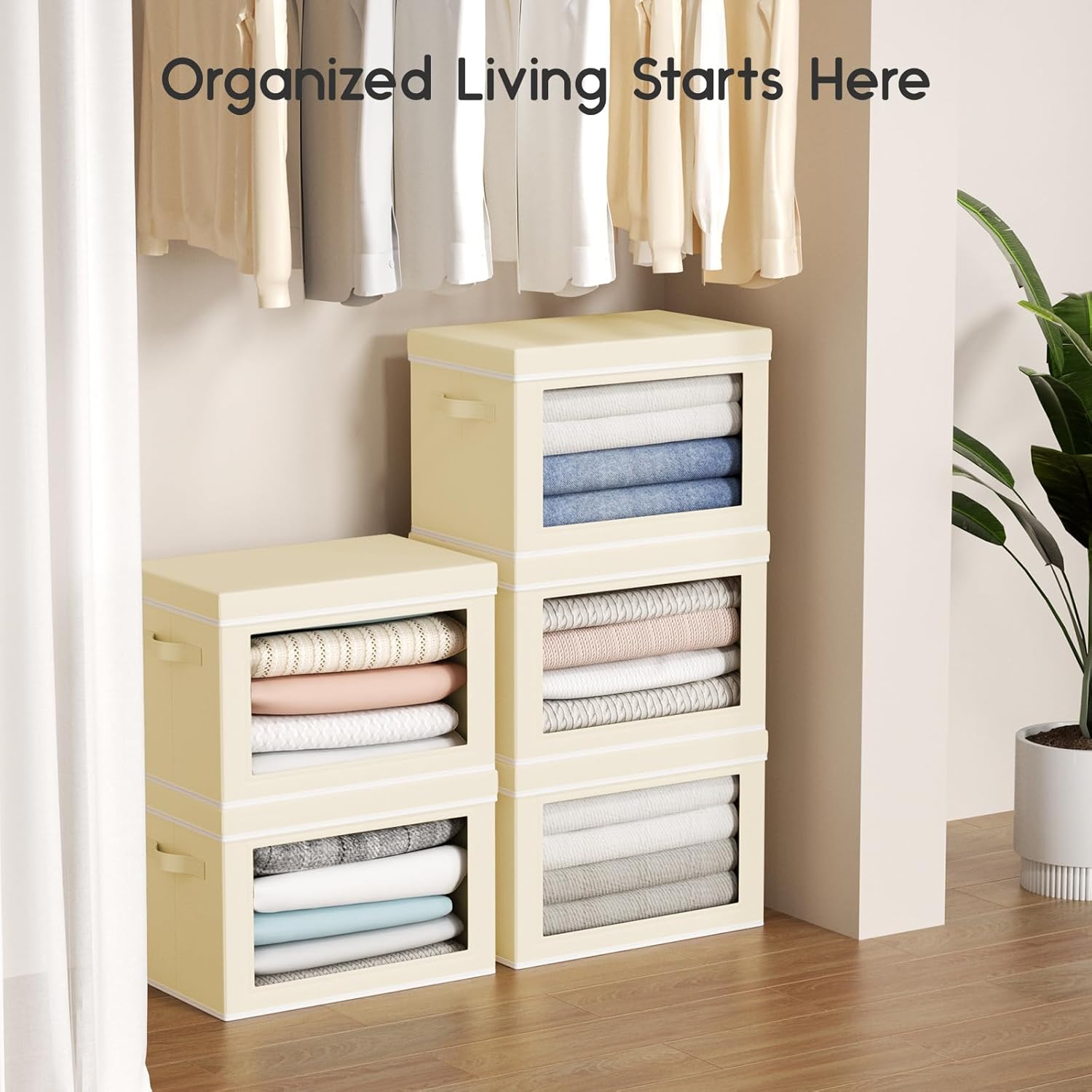 Homsorout 3 Pack & 6 Pack Storage Bins with Lids - Fabric Storage Boxes with Lids, Collapsible Storage Bins with Window, Decorative Closet Organizers and Storage for Clothes, Towels, Books