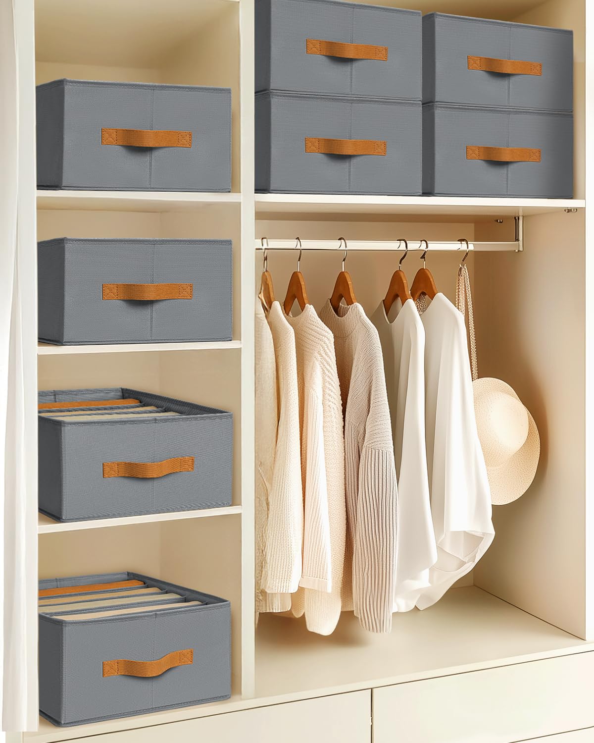 Homsorout Clothes Organizers and Storage - 4/5/7 Grids Fabric Jeans Organizer with Handles, Foldable Closet Organizers Dividers, Wardrobe organizer for Pant, Sweater, T-shirt, Scarf, 6 Pack, Beige