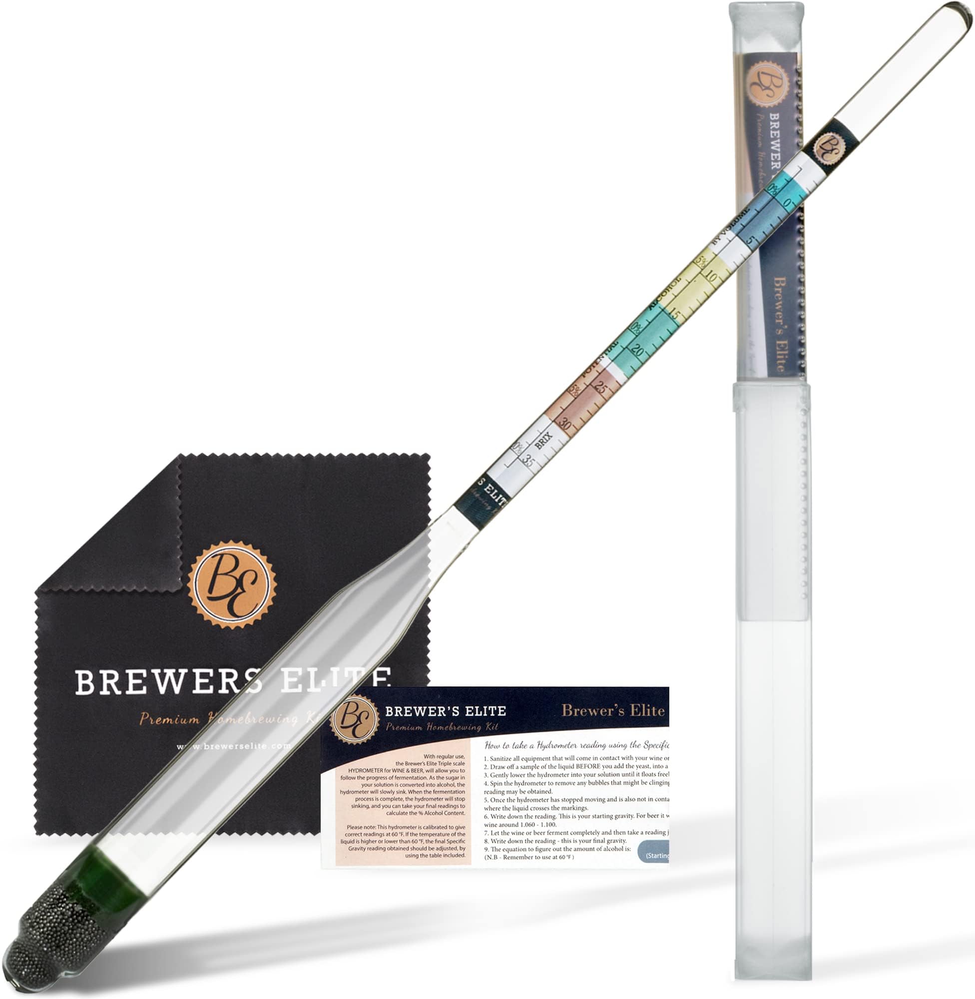 Brewer's Elite Hydrometer & Plastic Test Jar - for Home Brew Beer, Wine, Mead and Kombucha - Deluxe Triple Scale Set, Hardcase and Cloth - Specific Gravity ABV Tester