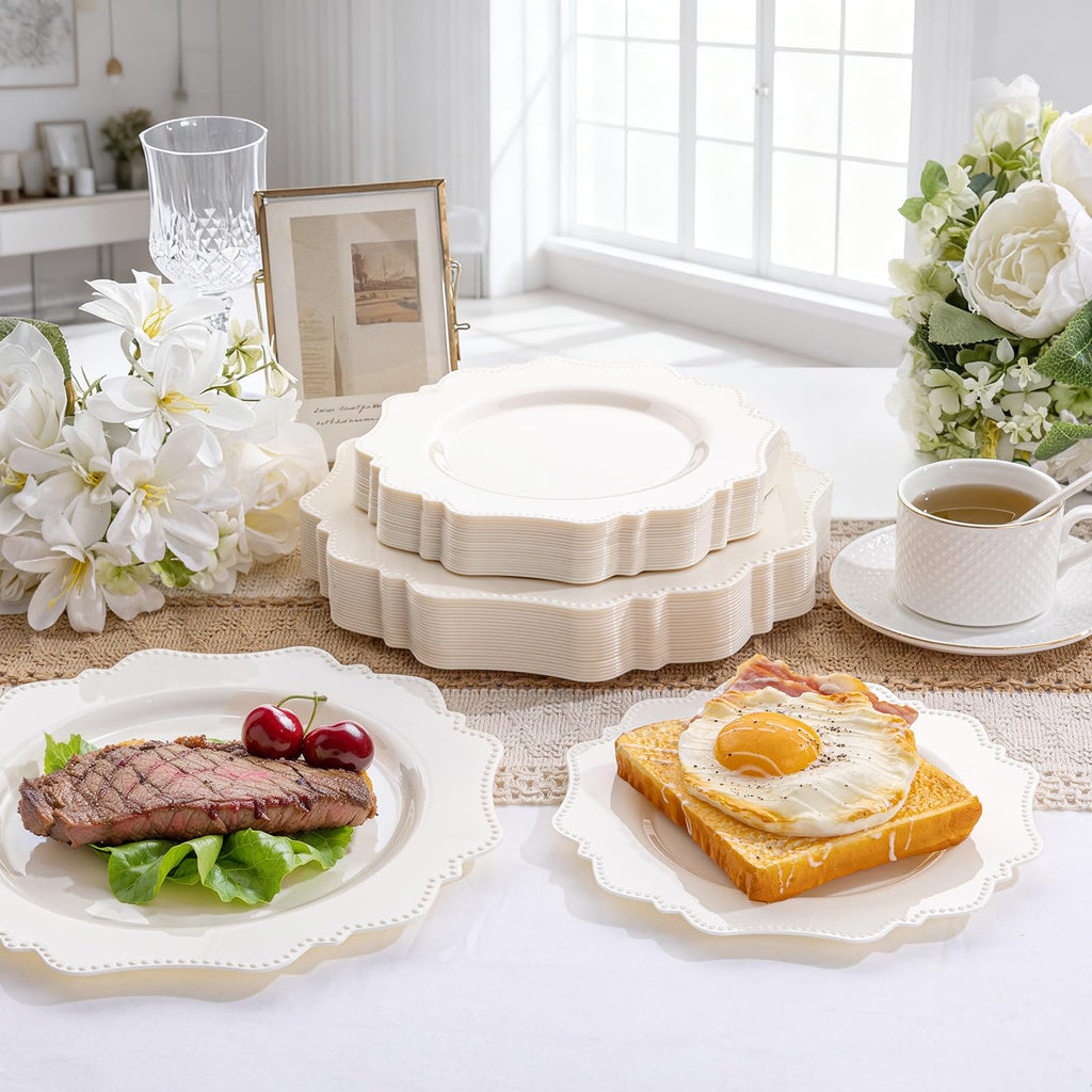 COLOSUS 60PCS White Plastic Plates for 30 guests-Fancy Plastic Beaded Plates,Plastic Plates for Party, Elegant White plates,Include 30 PCS 10.5" Dinner plates & 30PCS 8.25" Dessert plates for easter