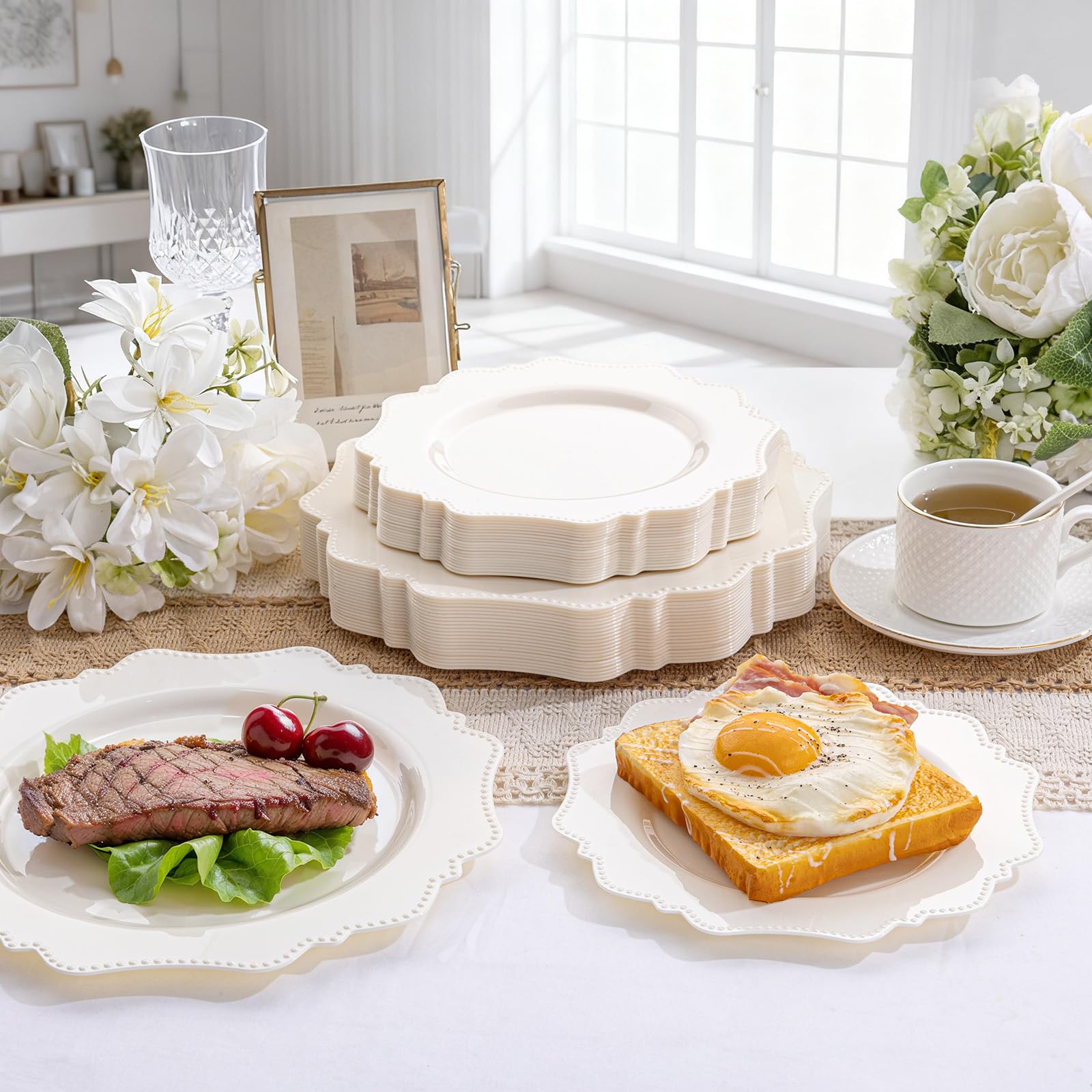 COLOSUS 60PCS White Plastic Plates for 30 guests-Fancy Plastic Beaded Plates,Plastic Plates for Party, Elegant White plates,Include 30 PCS 10.5" Dinner plates & 30PCS 8.25" Dessert plates for easter