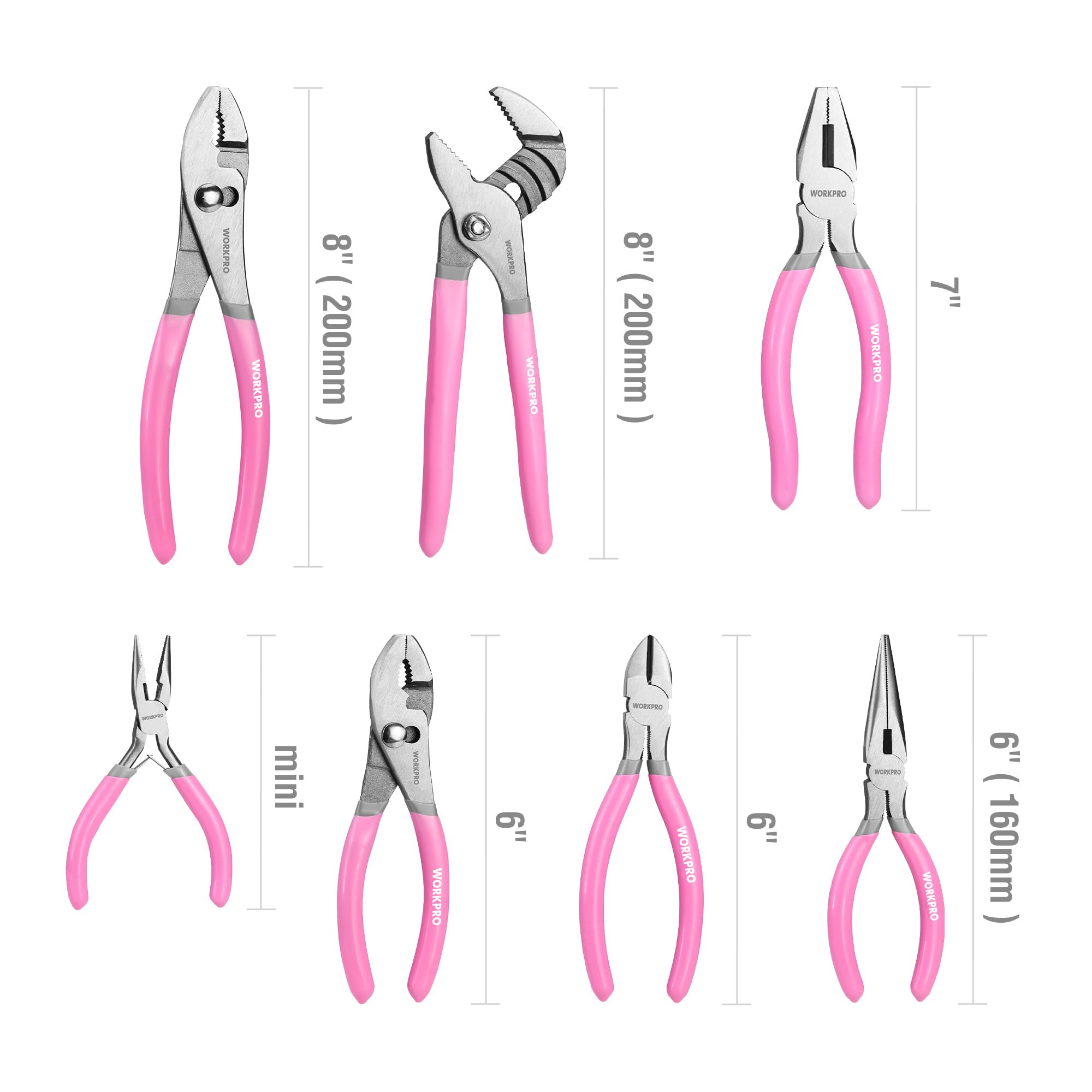 7-piece WORKPRO Pliers Set with Groove Joint, Long Nose, Slip Joint, Linesman, and Diagonal Pliers for DIY & Home Use