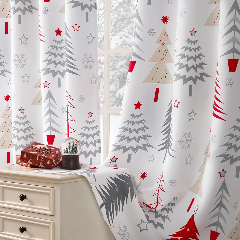 Topfinel Christmas Curtains 84 Inch Length for Living Room 2 Panels Set,Grommet Xmas Decoration Window Curtains with Christmas Tree and Snowflake Print for Bedroom,Set of 2,52x84 Inches Long,White