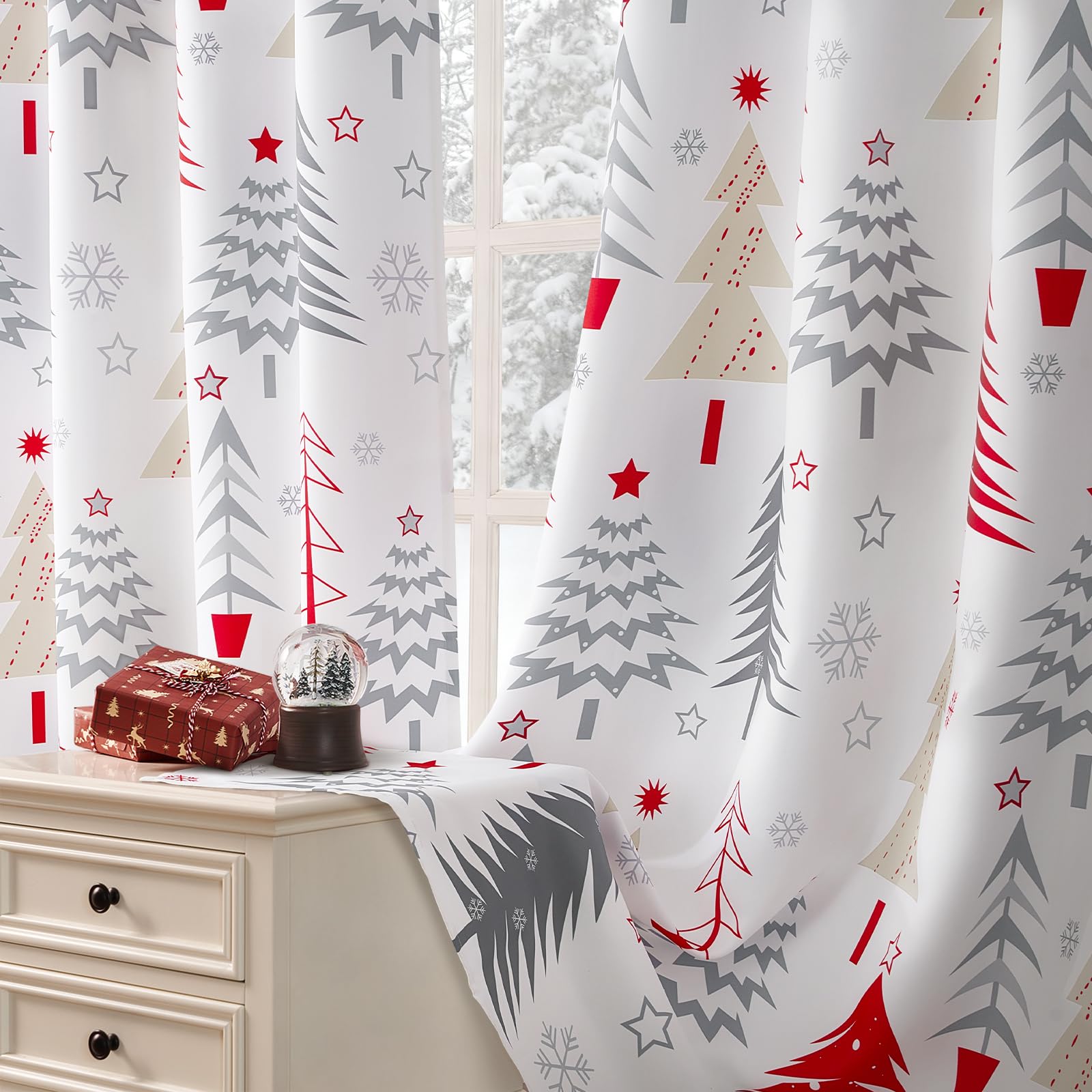 Topfinel Christmas Curtains 84 Inch Length for Living Room 2 Panels Set,Grommet Xmas Decoration Window Curtains with Christmas Tree and Snowflake Print for Bedroom,Set of 2,52x84 Inches Long,White