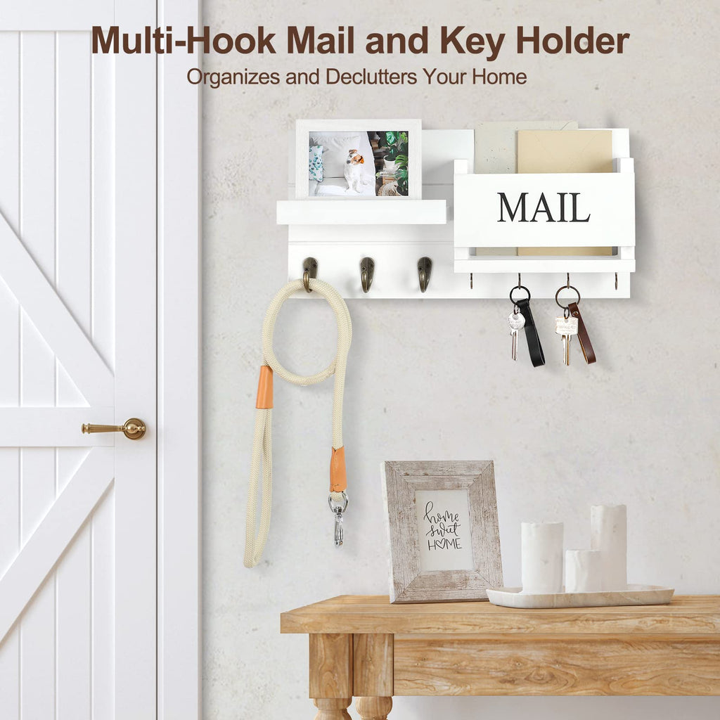Mail Organizer for Wall Mount – Key Holder with Shelf Includes Letter Holder and Hooks for Hallway Farmhouse Decor – Rustic Wood with Flush Mounting Hardware (16.5” x 9.1” x 3.4”) (White)