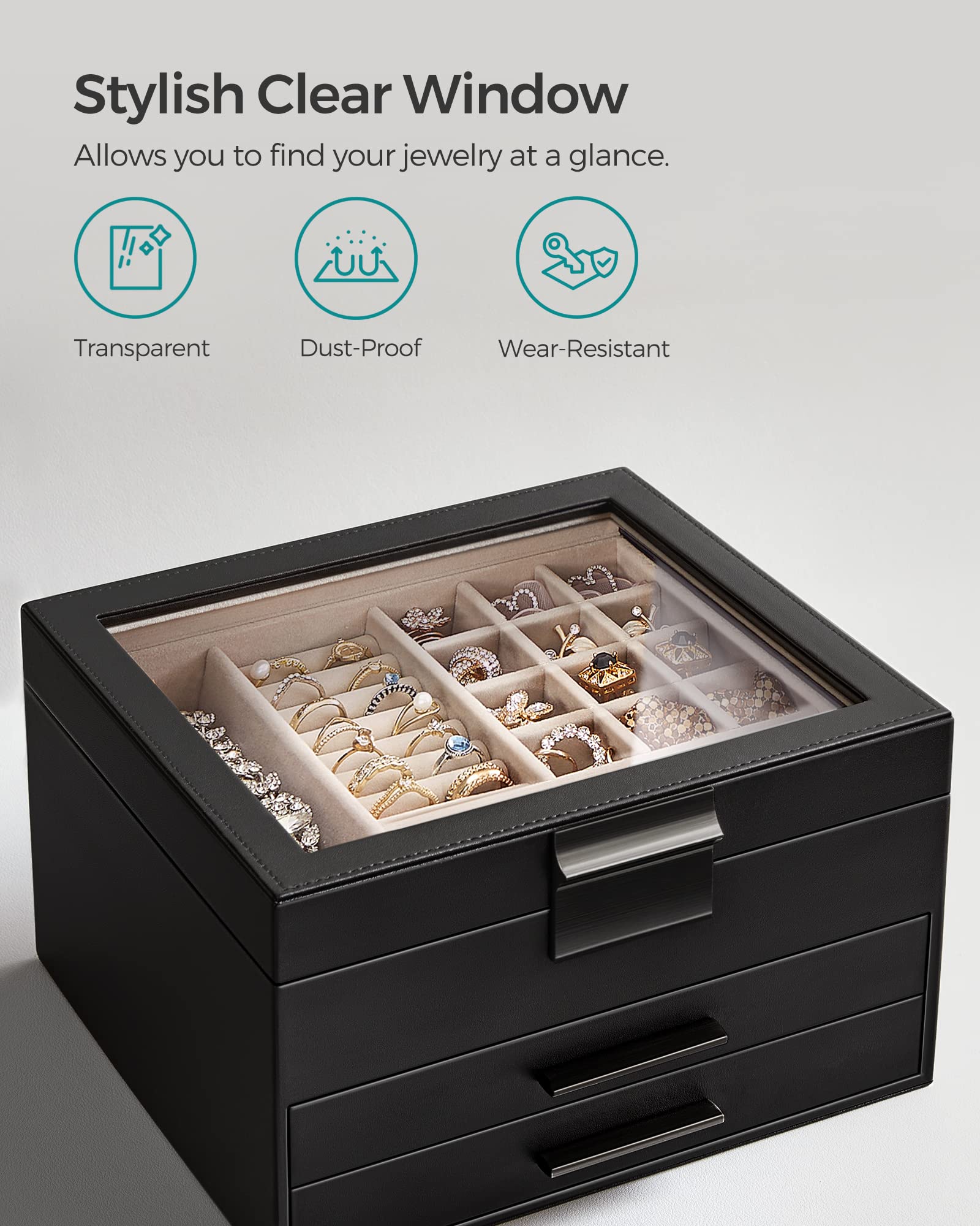 SONGMICS GISELLA Collection - Jewelry Box Organizer, 3-Layer Jewelry Storage with 2 Drawers, Shiny Metal Hardware, Glass Lid, Modern, 8 x 9.1 x 5.3 Inches, Cloud White and Gold Color UJBC239WT