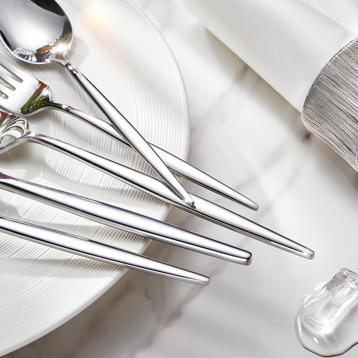 KINGSTONE Silverware Set and Blue Bone China Dinnerware Sets, 12-Piece Dinnerware Set for 4