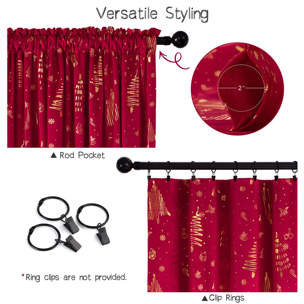 96 inches Long Red christmas curtains velvet for Living Room, Printed with Grinch & Tree Pattern Thermal Insulated Blackout Curtains drapes for winter 96 inch length 2 Panels Set cortinas navideas
