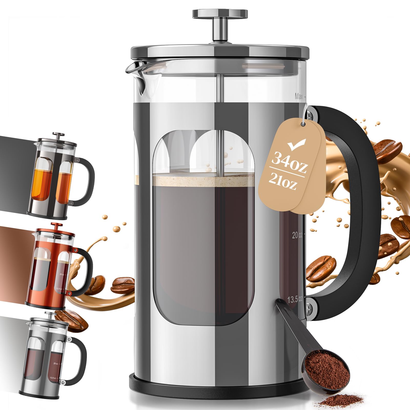 Veken French Press Coffee Maker 21oz 0.6 L, Single Serve Small Pot, Heat Resistant Thickened Borosilicate Glass, Stainless Steel Brewer, Cold Brew Cafetera Teapot for Kitchen Travel Camping, Copper
