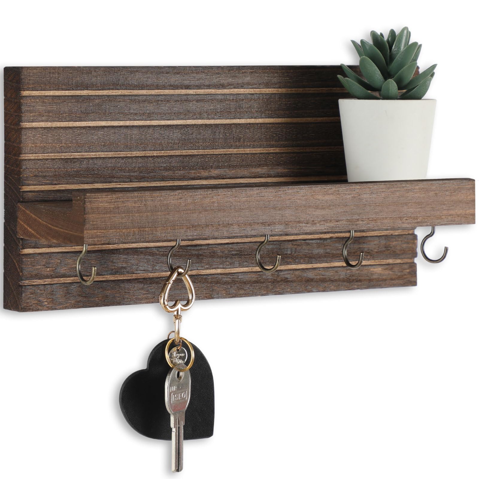 Decorative Key Holder for Wall with Shelf, Entryway Shelf with Hooks Holds Leashes, Jackets and Glasses – Sturdy Wood Keyholder Entrance Hanger with Mounting Hardware (Black, Medium)