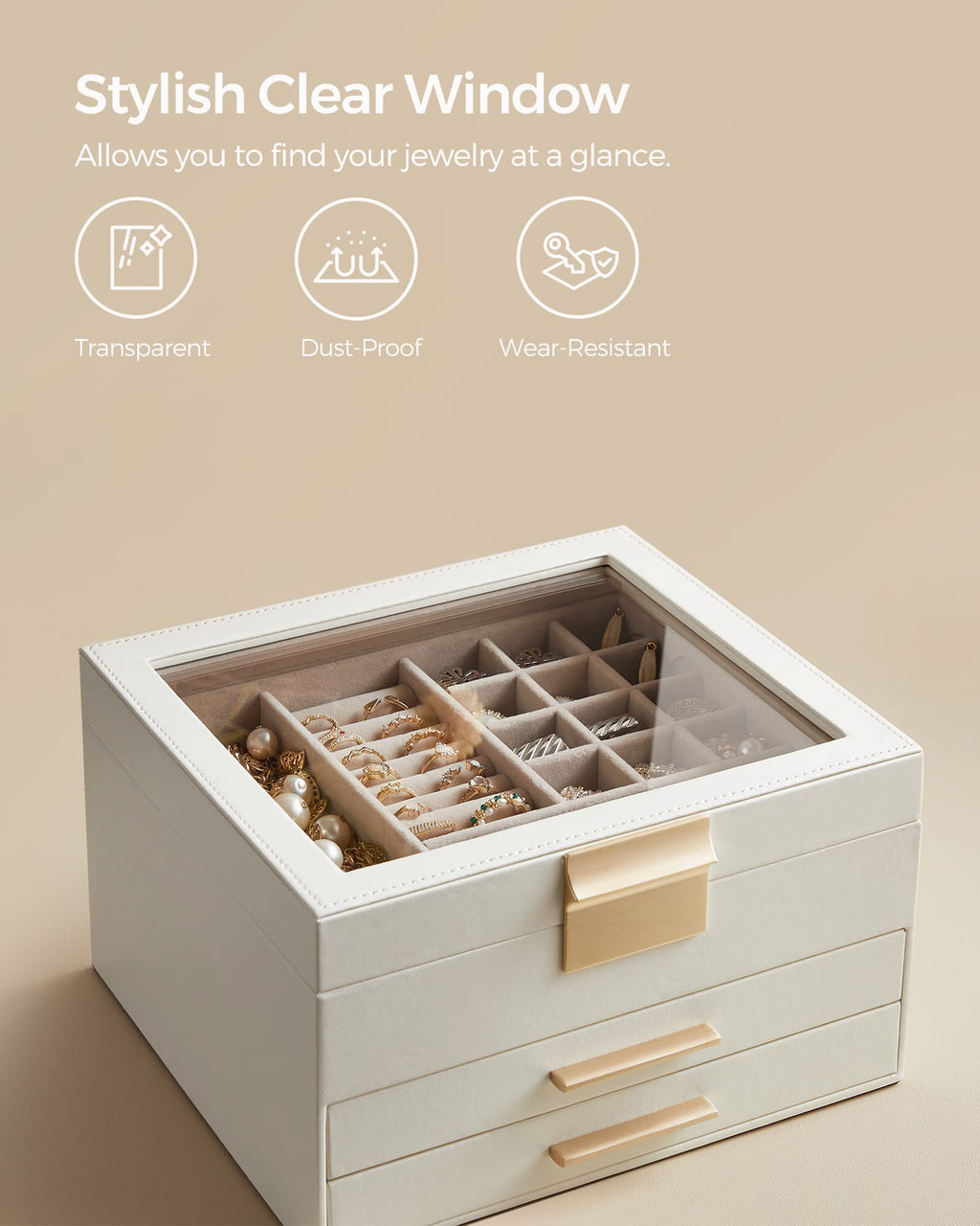 SONGMICS GISELLA Collection - Jewelry Box Organizer, 3-Layer Jewelry Storage with 2 Drawers, Shiny Metal Hardware, Glass Lid, Modern, 8 x 9.1 x 5.3 Inches, Cloud White and Gold Color UJBC239WT