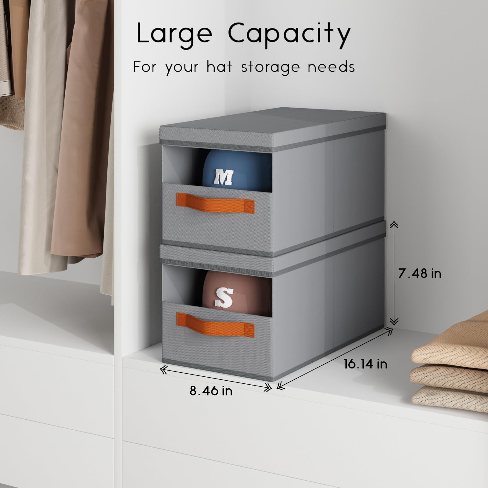 Homsorout Hat Organizer for Baseball Caps - 3 Pack Stackable Foldable Protective Lids Hat Storage Box with Clear Window Baseball cap organizer for Closet, Bedroom, Rv, Grey