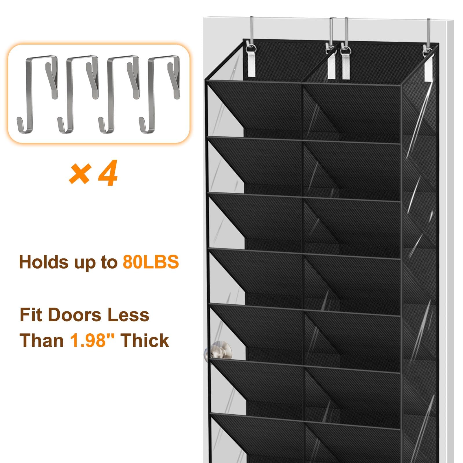 UVIAHOMI 20-30 Pairs Over the Door Shoe Organizer, Clear Pockets Hanging Shoe Storage for Closet, 10-Tier Door Shoes Rack, Handing Shoes Holder Fit All the Family's Sneakers, Boots, Heels, Black