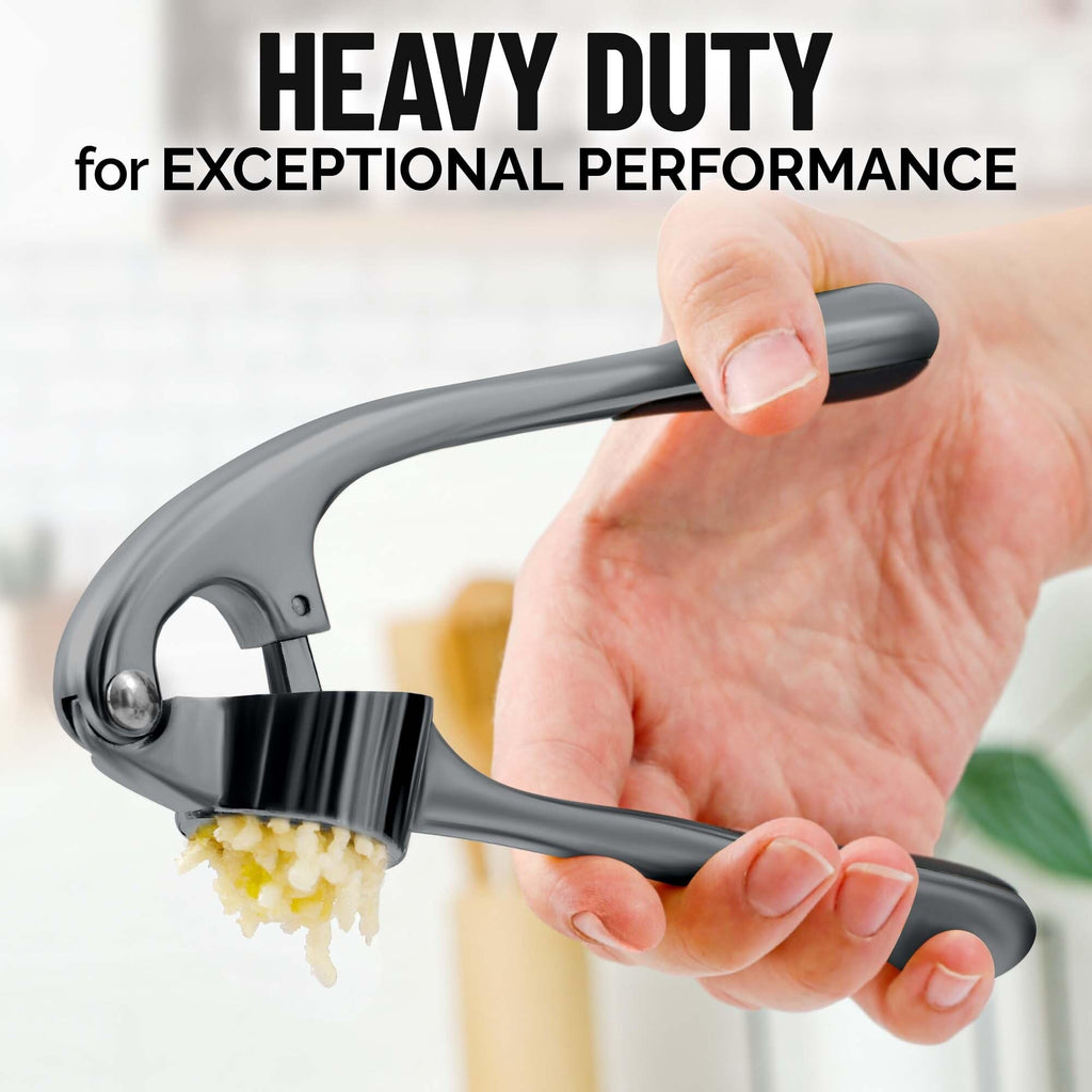 Zulay Kitchen Premium Garlic Press Set - Rust Proof Professional Garlic Mincer Tool - Easy-Squeeze, Easy-Clean with Soft, Ergonomic Handle - Silicone Garlic Peeler & Brush (Silver)