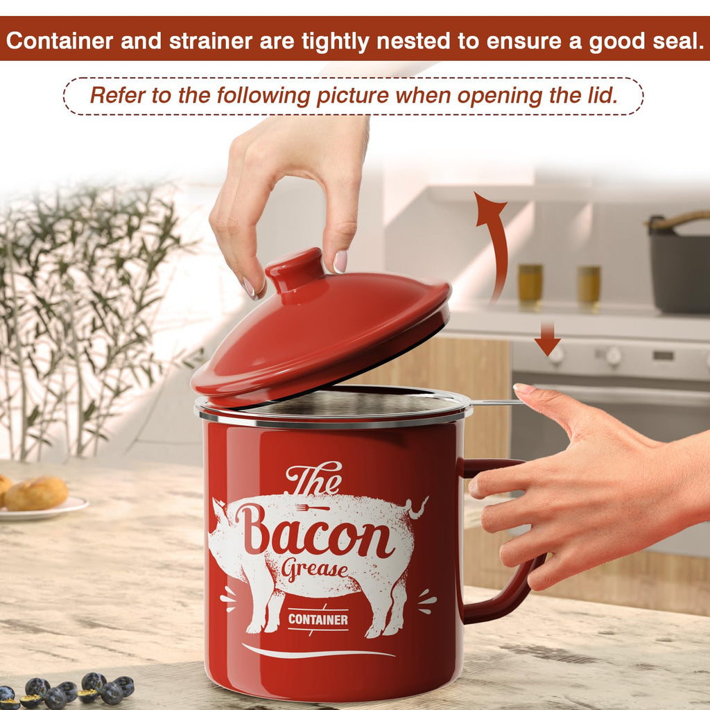 PGYARD Mini Bacon Grease Container With Strainer - 15OZ Enamel Grease Saver, Farmhouse Bacon Grease Keeper For Kitchen Fat Storage, Dishwasher Safe-Red