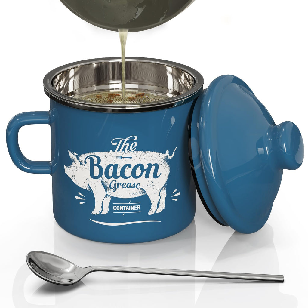 PGYARD Mini Bacon Grease Container With Strainer - 15OZ Enamel Grease Saver, Farmhouse Bacon Grease Keeper For Kitchen Fat Storage, Dishwasher Safe-Red
