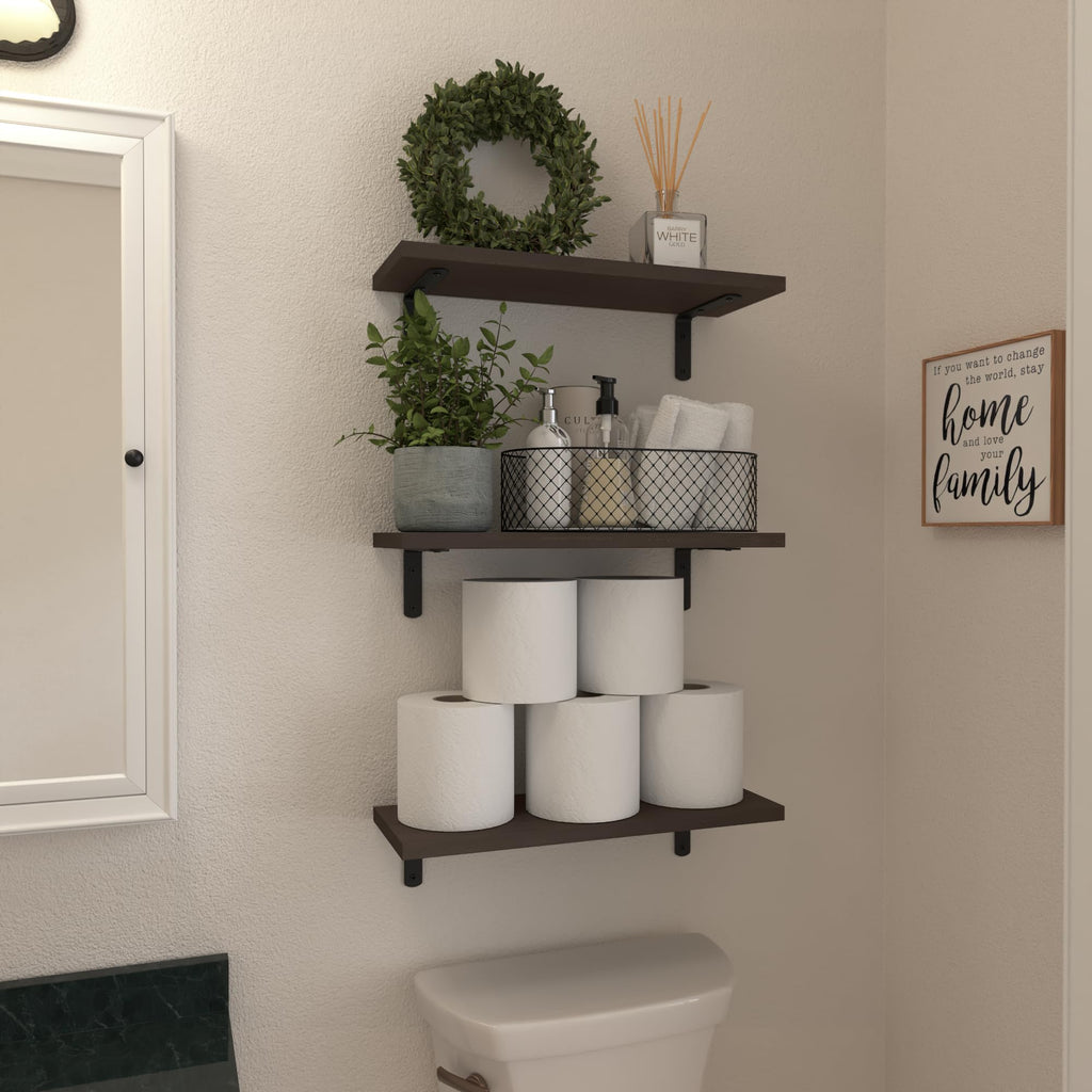 WOPITUES Wood Floating Shelves Set of 6, Shelves for Wall Decor, Farmhouse Shelf for Bedroom, Bathroom Storage Shelves, Book Shelves for Living Room - Rustic Brown