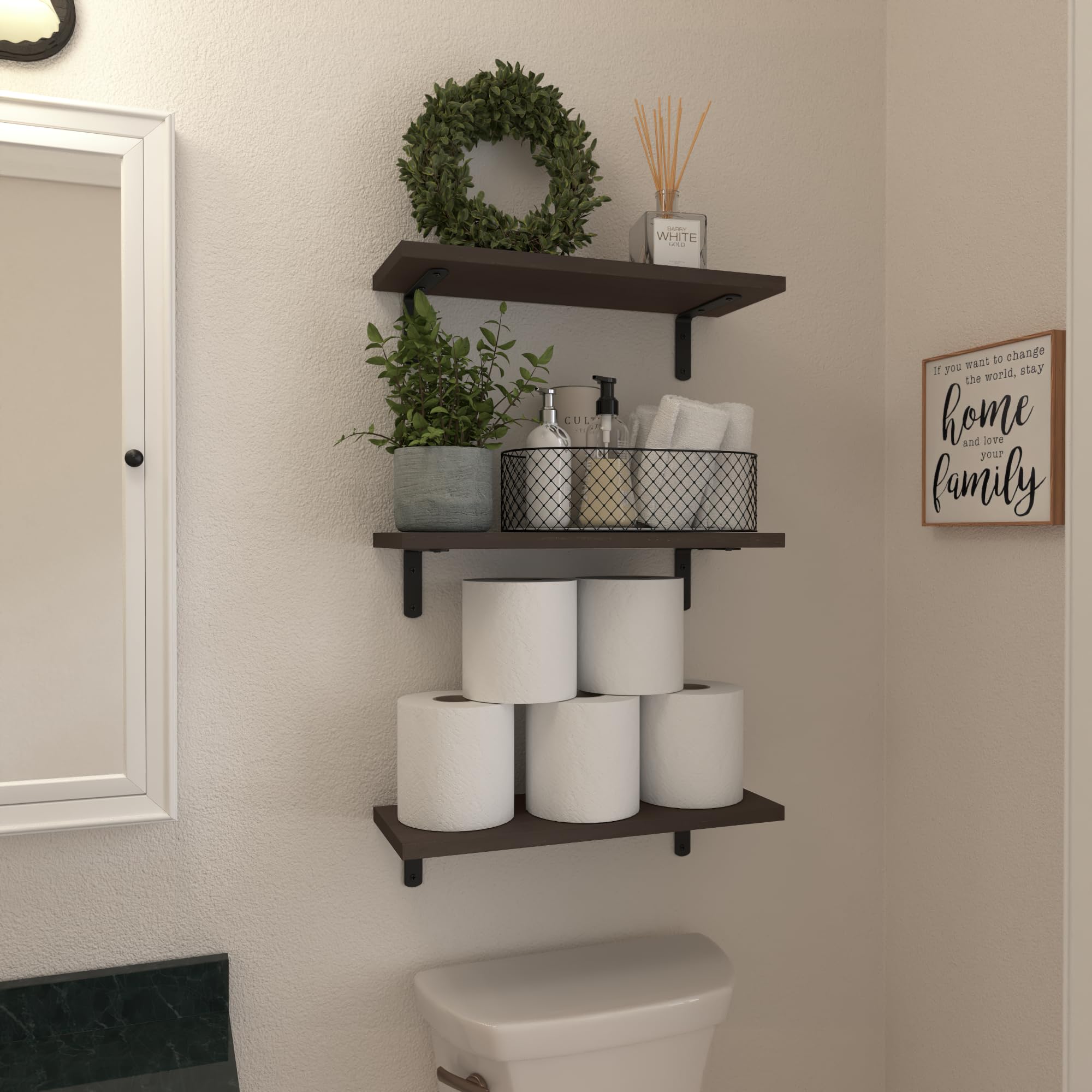 WOPITUES Wood Floating Shelves Set of 6, Shelves for Wall Decor, Farmhouse Shelf for Bedroom, Bathroom Storage Shelves, Book Shelves for Living Room - Rustic Brown