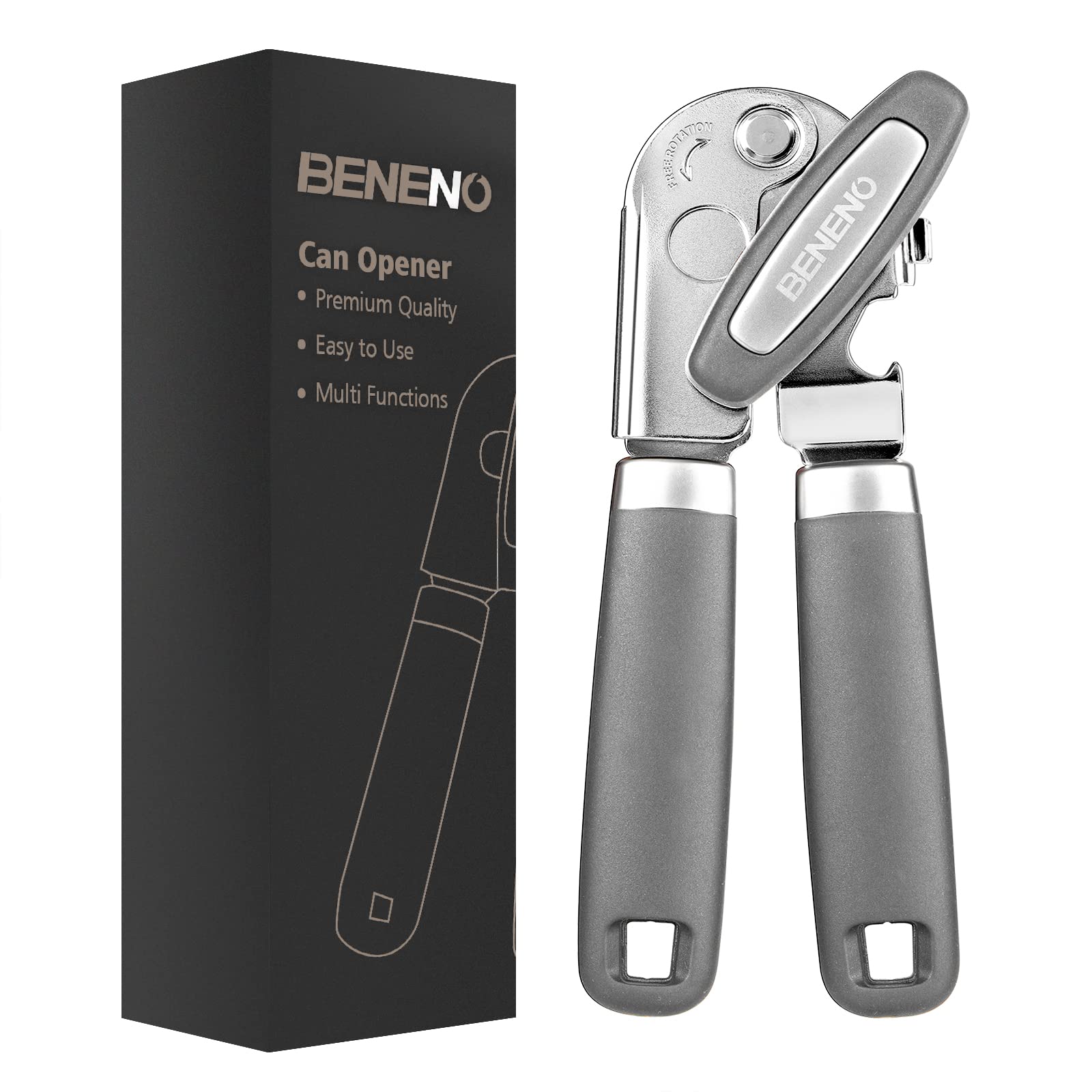 Beneno Heavy Duty Hand Can Opener Manual with Magnet, Durable Sharp Carbon Steel Blade Smooth Cutting, Big Effort-Saving Knob & Soft Grip Handle, Multifunctional Kitchen Tool with Bottle Opener, Green