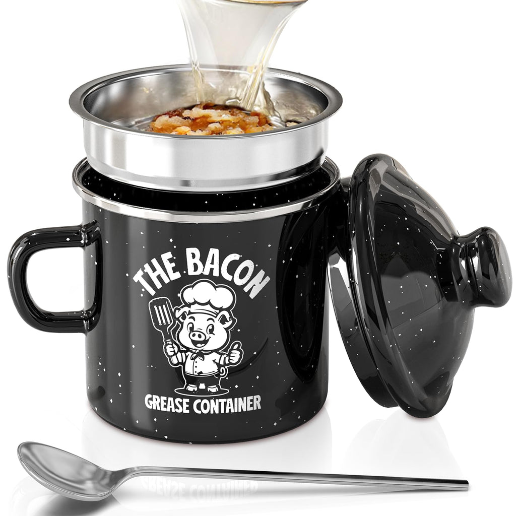 PGYARD Mini Bacon Grease Saver With Strainer - 15OZ Enamel Grease Container, Farmhouse Bacon Grease Keeper For Kitchen Fat Storage, Dishwasher Safe-Red