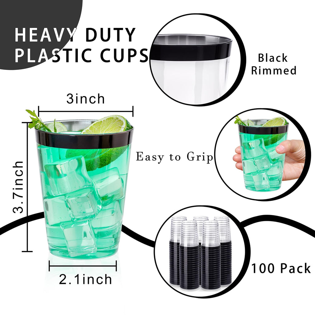 DaYammi 200 Pack Gold Plastic Cups 10 Oz Clear Cup Gold Rimmed Disposable Wine Glasses Fancy Disposable Party Cups Tumblers Drinking Cup Plastic Cocktail Glasses gold disposable cups for Party Wedding