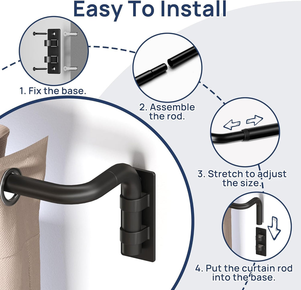 ENJOYBASICS Blackout Curtain rod for windows 48 to 84, 5/8 in Wrap Around Curtain Rods for Bedroom, Living Room, Adjustable from 30 to 86 Inches, Matte Black