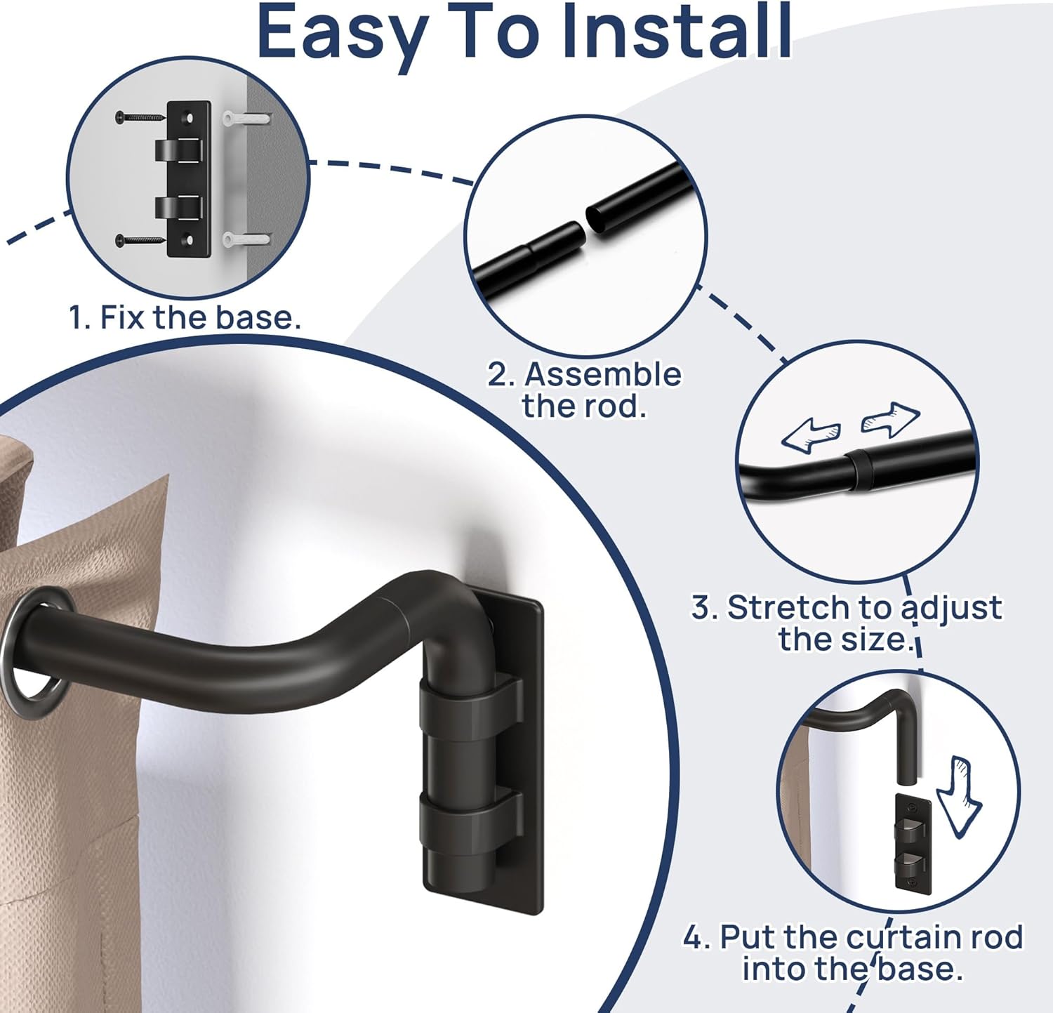 ENJOYBASICS Blackout Curtain rod for windows 48 to 84, 5/8 in Wrap Around Curtain Rods for Bedroom, Living Room, Adjustable from 30 to 86 Inches, Matte Black
