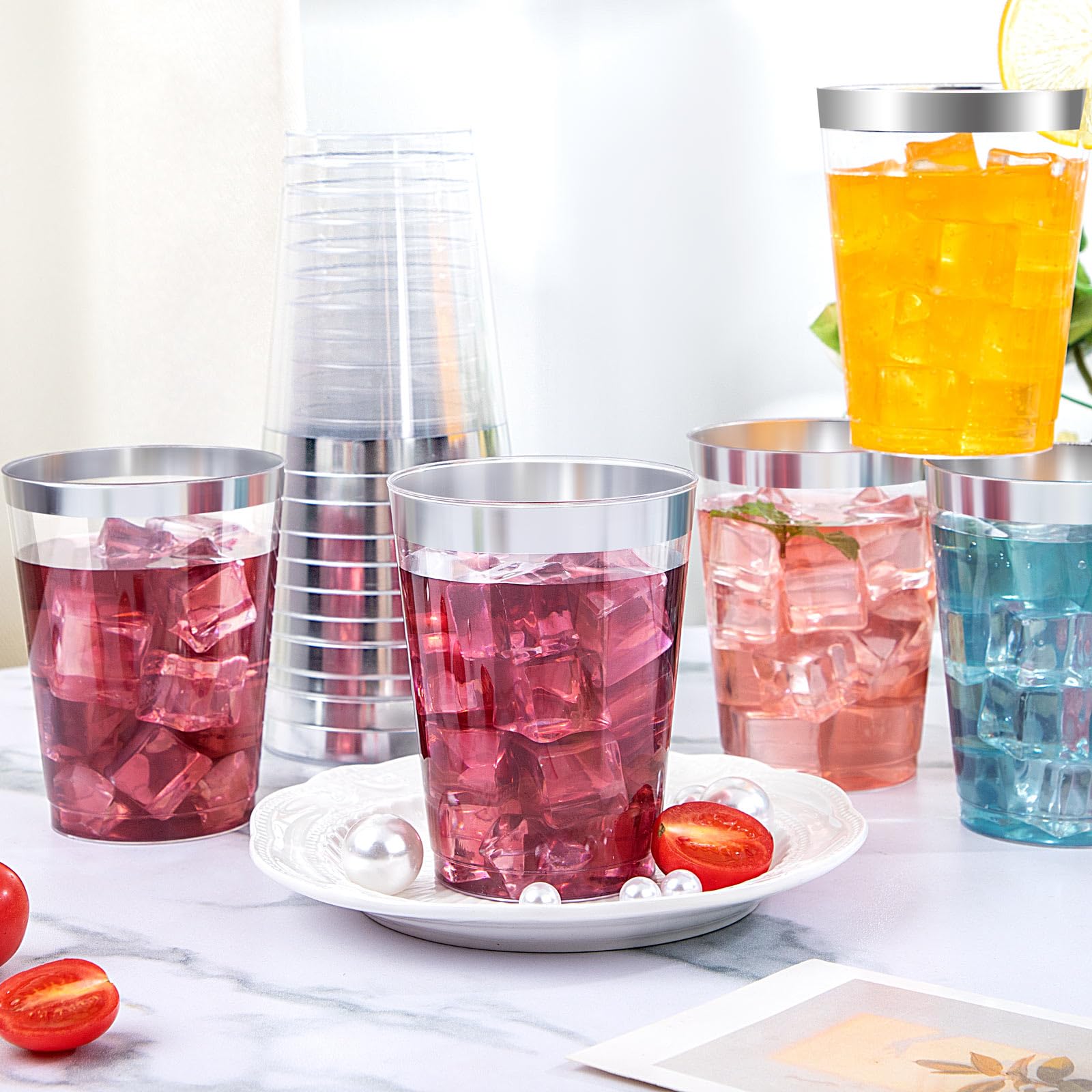 DaYammi 200 Pack Gold Plastic Cups 10 Oz Clear Cup Gold Rimmed Disposable Wine Glasses Fancy Disposable Party Cups Tumblers Drinking Cup Plastic Cocktail Glasses gold disposable cups for Party Wedding