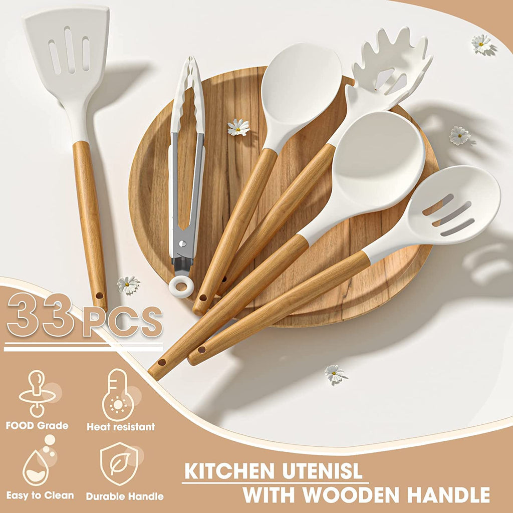 Umite Chef Kitchen Cooking Utensils Set, 33 pcs Non-Stick Silicone Cooking Kitchen Utensils Spatula Set with Holder, Wooden Handle Silicone Kitchen Gadgets Utensil Set (Khaki)