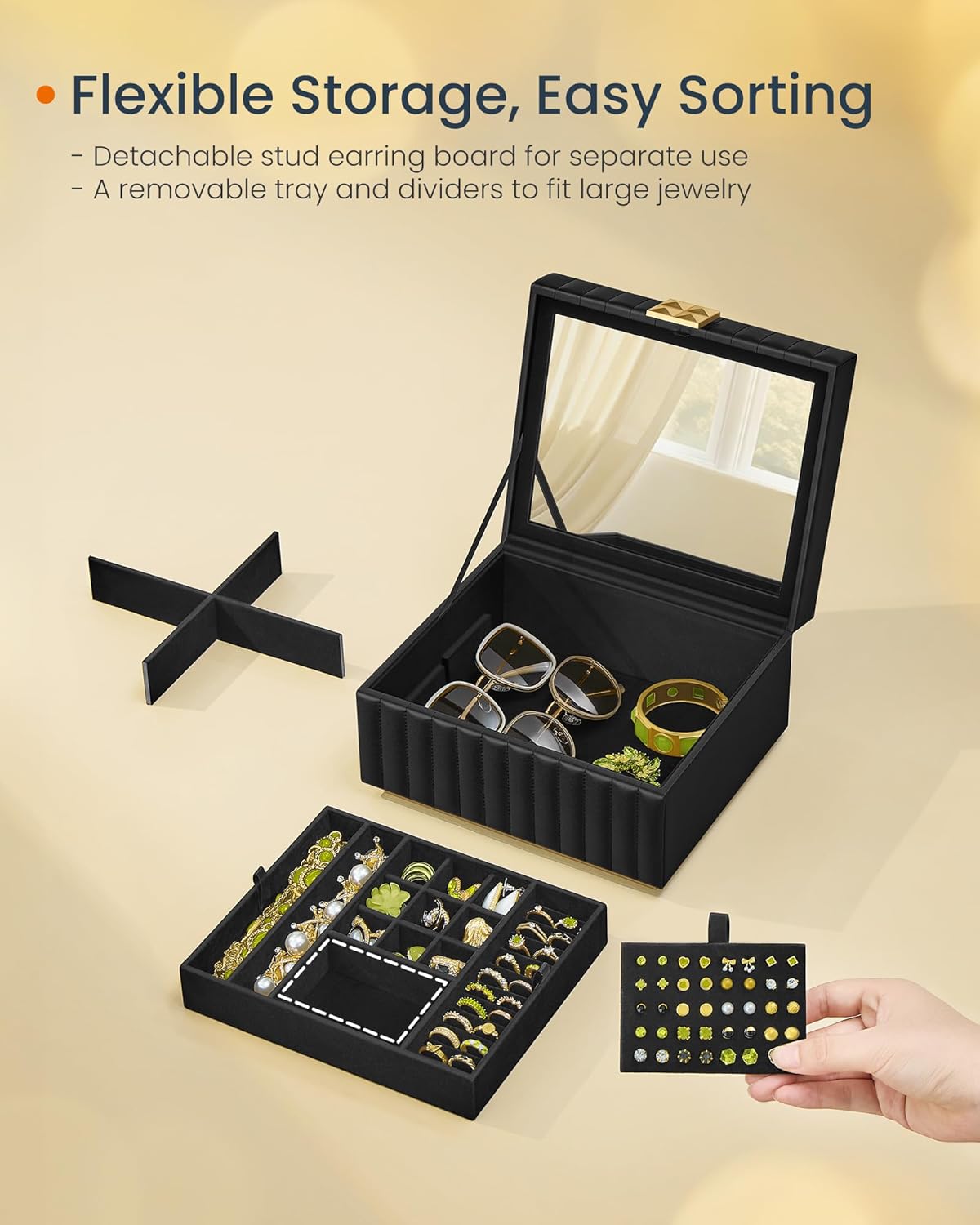 SONGMICS HOME 2-Tier Jewelry Box with Mirror, Jewelry Organizer, Removable Tray, PU Surface with Stitching, Floating Effect, 8.5 x 9.4 x 5.3 Inches, Ink Black, ANAH Collection UJBC182B01