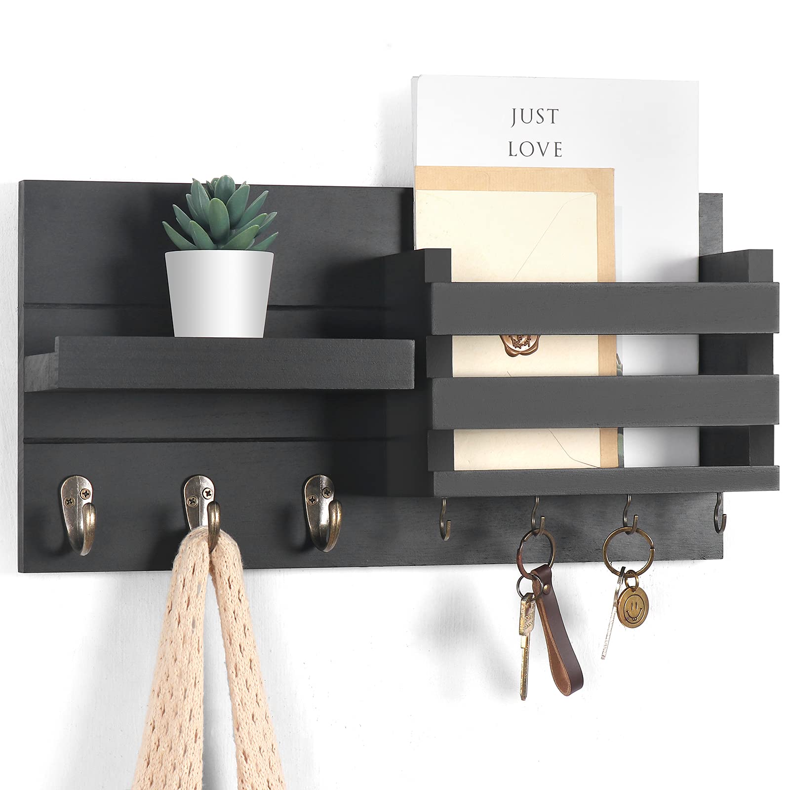 Mail Organizer for Wall Mount – Key Holder with Shelf Includes Letter Holder and Hooks for Coats, Dog Leashes – Rustic Wood with Flush Mounting Hardware (16.5” x 8.7” x 3.5”)