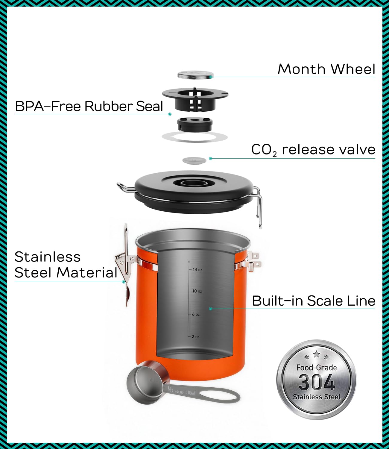 Coffee Gator Stainless Steel Canister - Medium 16oz, Gray Coffee Grounds and Beans Container with Date-Tracker, CO2-Release Valve, and Measuring Scoop - Ideal Coffee Lovers Gifts