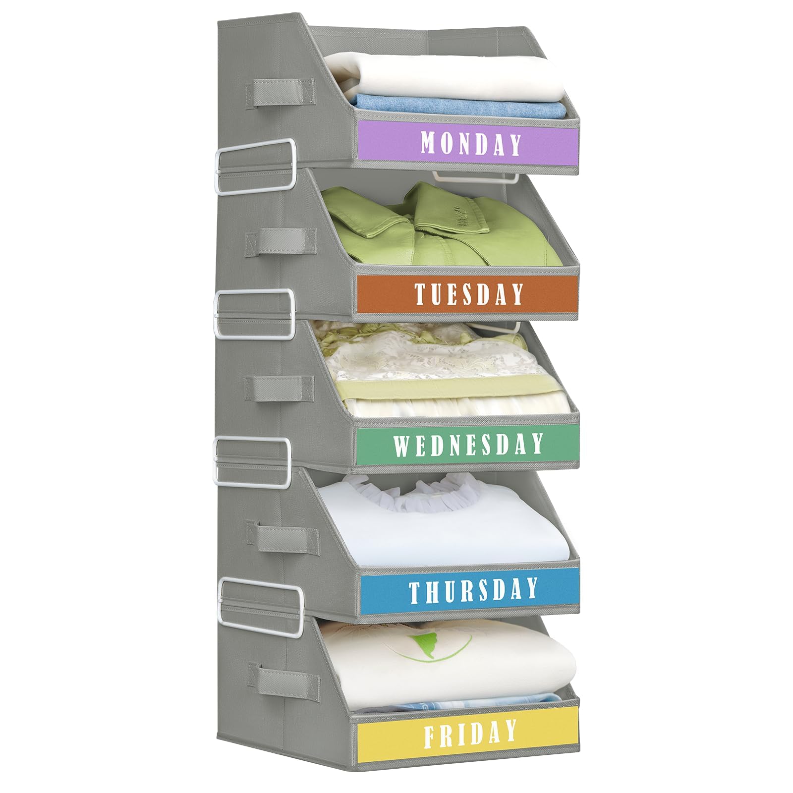 Homsorout Closet Organizers and Storage - 5 Tier Shelf Organizer with Weekly Labels, Stackable Storage Bins with Metal Frame, Foldable Cube Bins, Home Baskets for Kids and Adults, Beige