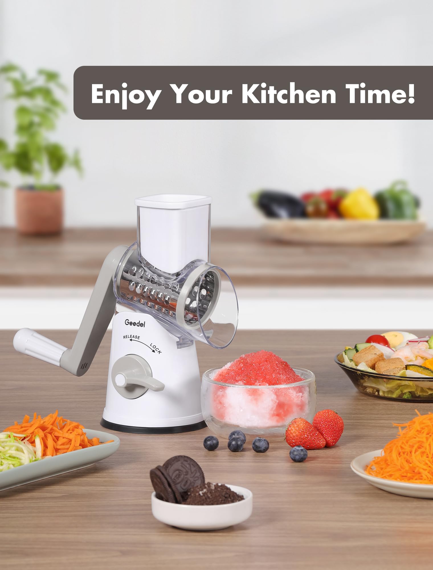 Geedel Rotary Cheese Grater, Kitchen Mandoline Vegetable Slicer with 3 Interchangeable Blades, Easy to Clean Rotary Grater Slicer for Fruit, Vegetables, Nuts