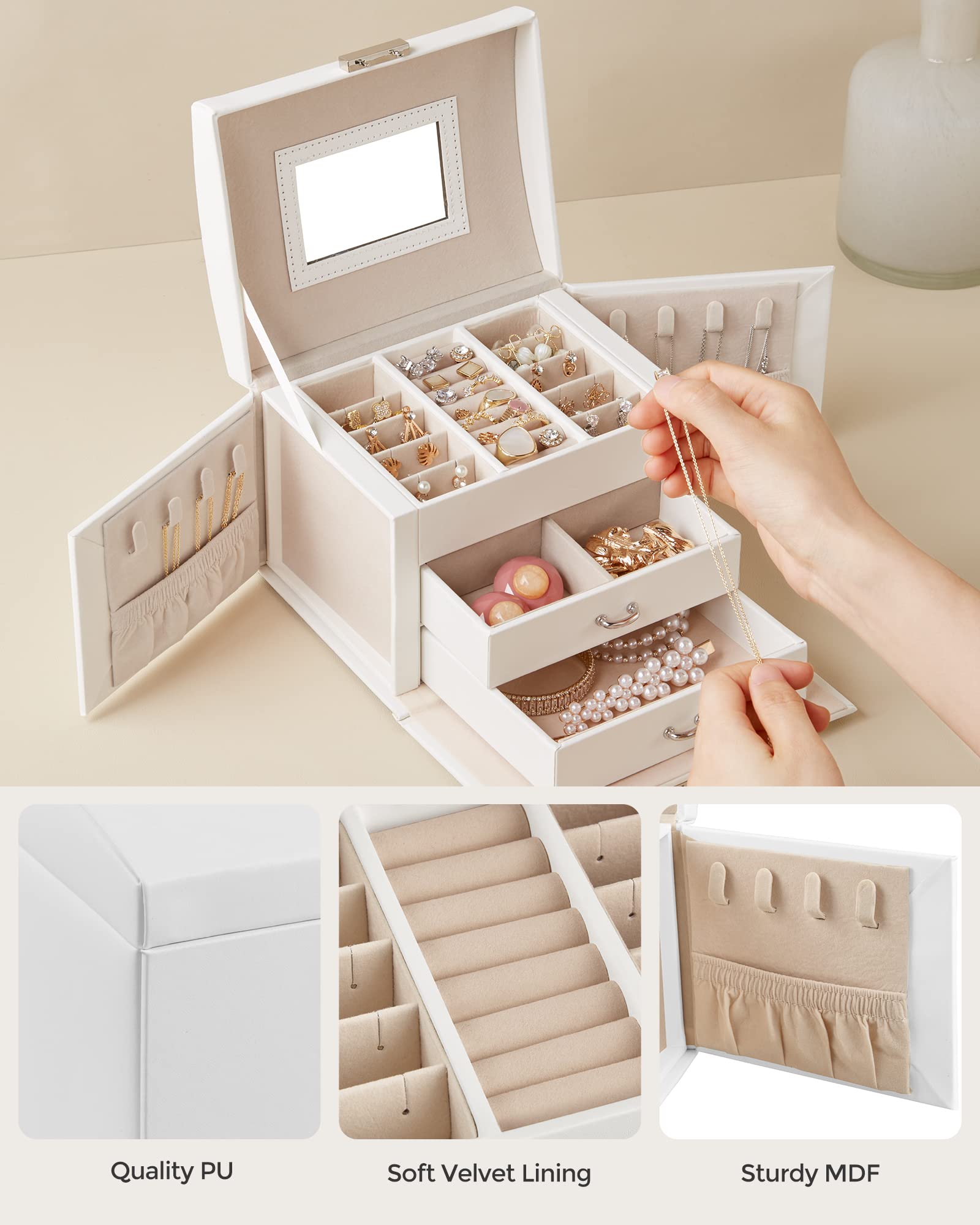 SONGMICS 3-Tier Jewelry Box, Travel Jewelry Case with Handle, 2 Drawers, Lockable Jewelry Organizer with Mirror, Jewelry Storage, Modern Style, Gift for Loved Ones, White UJBC154W01