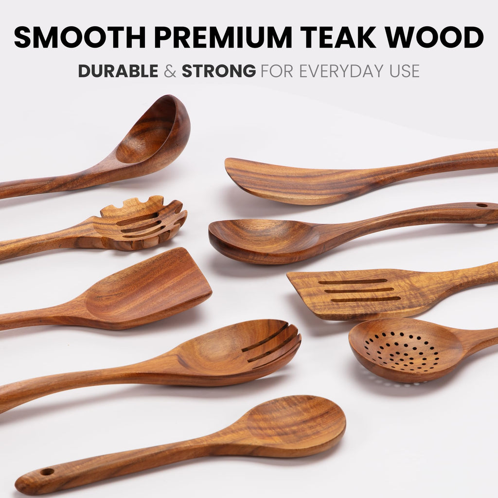 Zulay Kitchen 6 Piece Wooden Spoons for Cooking – Natural Teak Wooden Utensil Set, Easy to Clean, Durable, Smooth with Comfort Grip - Non Toxic Wooden Cooking Utensil Sets