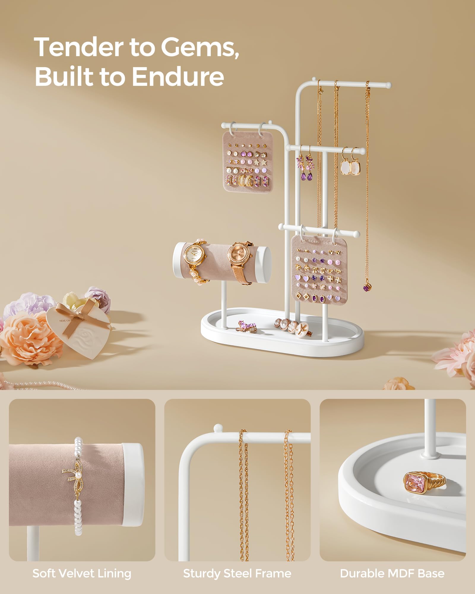 SONGMICS Jewelry Stand, Jewelry Organizer, Jewelry Display Holder with Metal Frame, 2 Earring Boards, 4 Hanging Rods, Necklace Earring Bracelet Holder, for Watches, Metallic Gold UJJS025A01