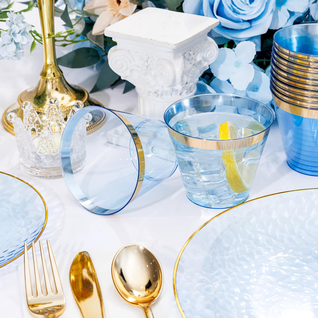 DaYammi 350PCS Clear Gold Plastic Dinnerware Set for 50 Guests, Hammered Disposable Plates for Party, Include: 50 Dinner Plates, 50 Dessert Plates, 150 Gold Silverware, 50 Napkins, 50 Cups