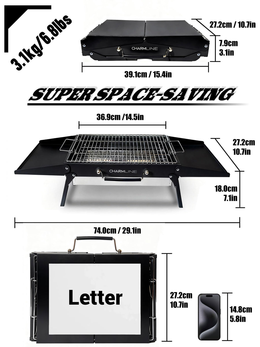 Charmline 14 x 9 inches Portable Charcoal BBQ Grill, Foldable Compact Camping Barbecue for 1–3 People, Ideal for Garden, Beach, Picnic & Tabletop Use, Green
