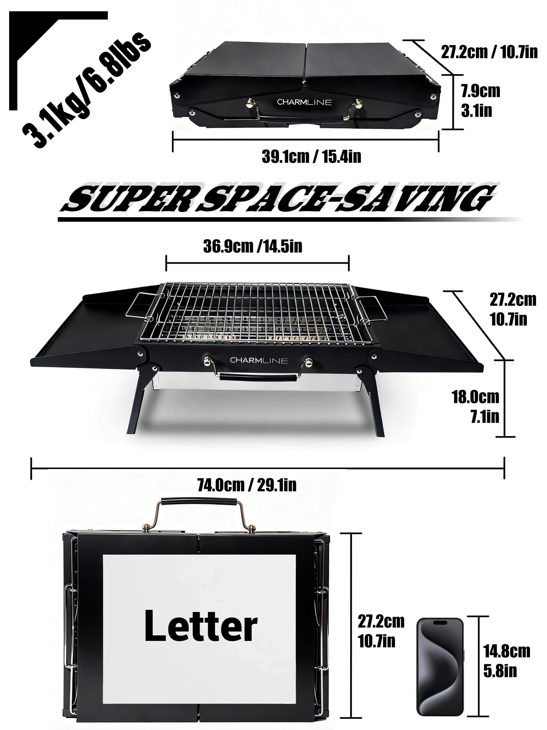 Charmline 14 x 9 inches Portable Charcoal BBQ Grill, Foldable Compact Camping Barbecue for 1–3 People, Ideal for Garden, Beach, Picnic & Tabletop Use, Green
