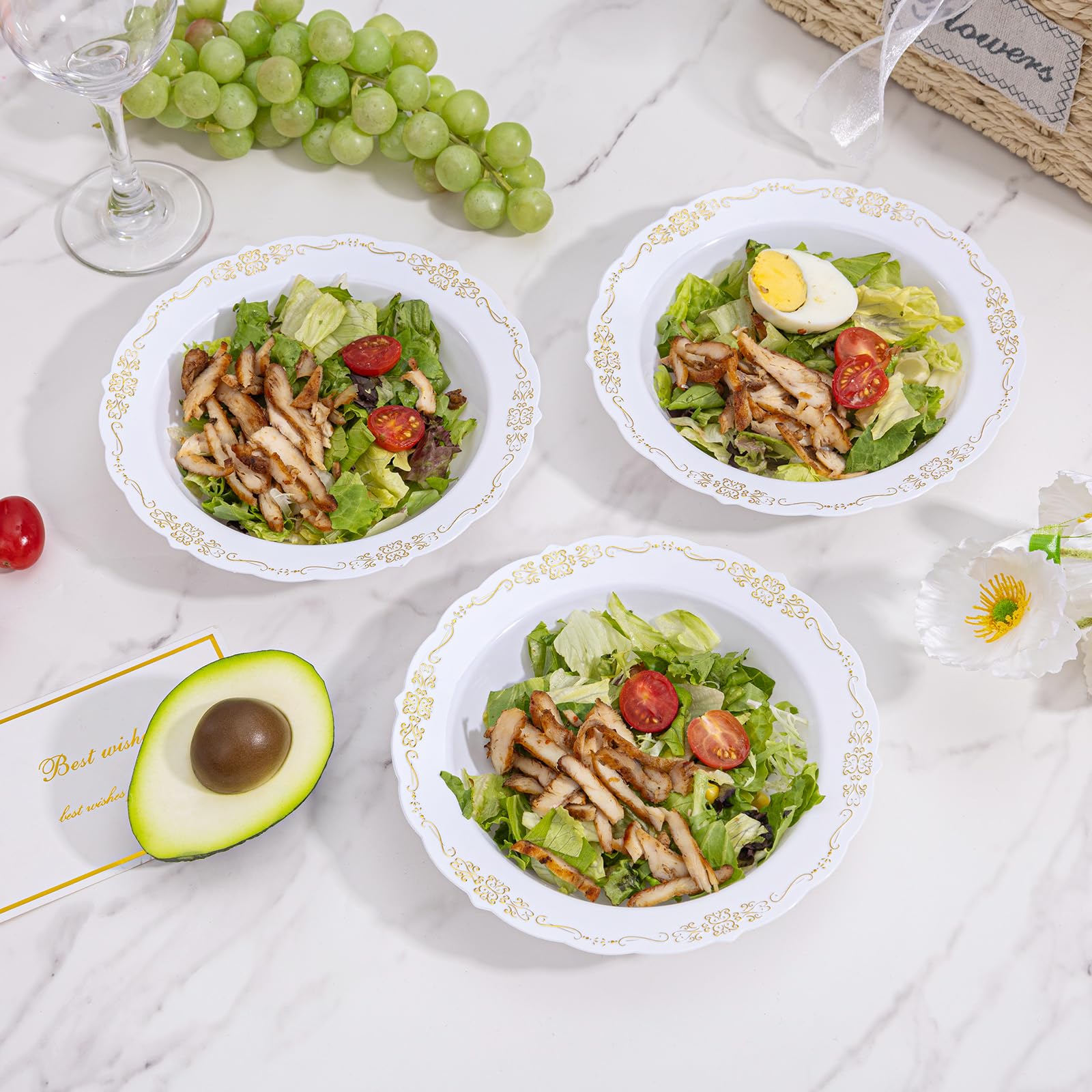 DaYammi 50 Pack White Plastic Bowls, 12oz Disposable Soup Bowls, White bowls Disposable Heavy Duty Dinner Bowls for Weddings, Salad Bowl for Parties, Dinners, Catering and Everyday Use