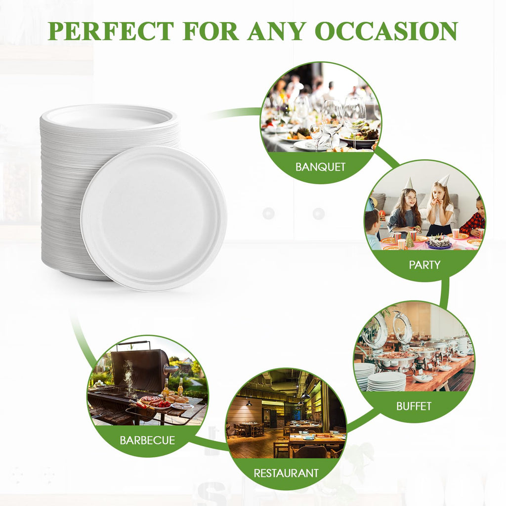 Vplus 150 Pack Compostable Disposable Paper Plates 10.25 inch Super Strong Paper Plates 100% Bagasse Natural Biodegradable Eco-Friendly Sugarcane(white)