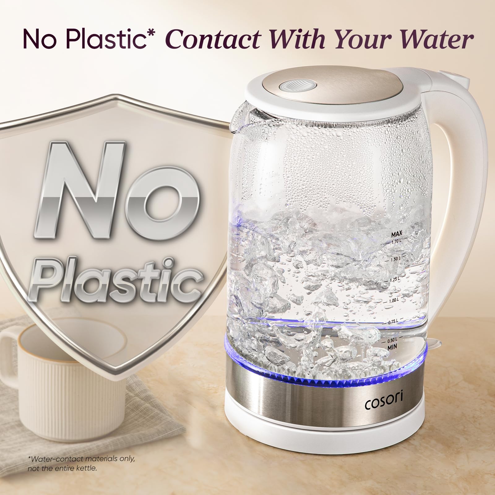 Cosori Electric Kettle, No Plastic Contact With Water, Wide Mouth For Easy Cleaning, Auto Shut Off, 1.7L Tea Kettle & Hot Water Boiler, Water Heater & Teapot, Borosilicate Glass, Black, 1500W