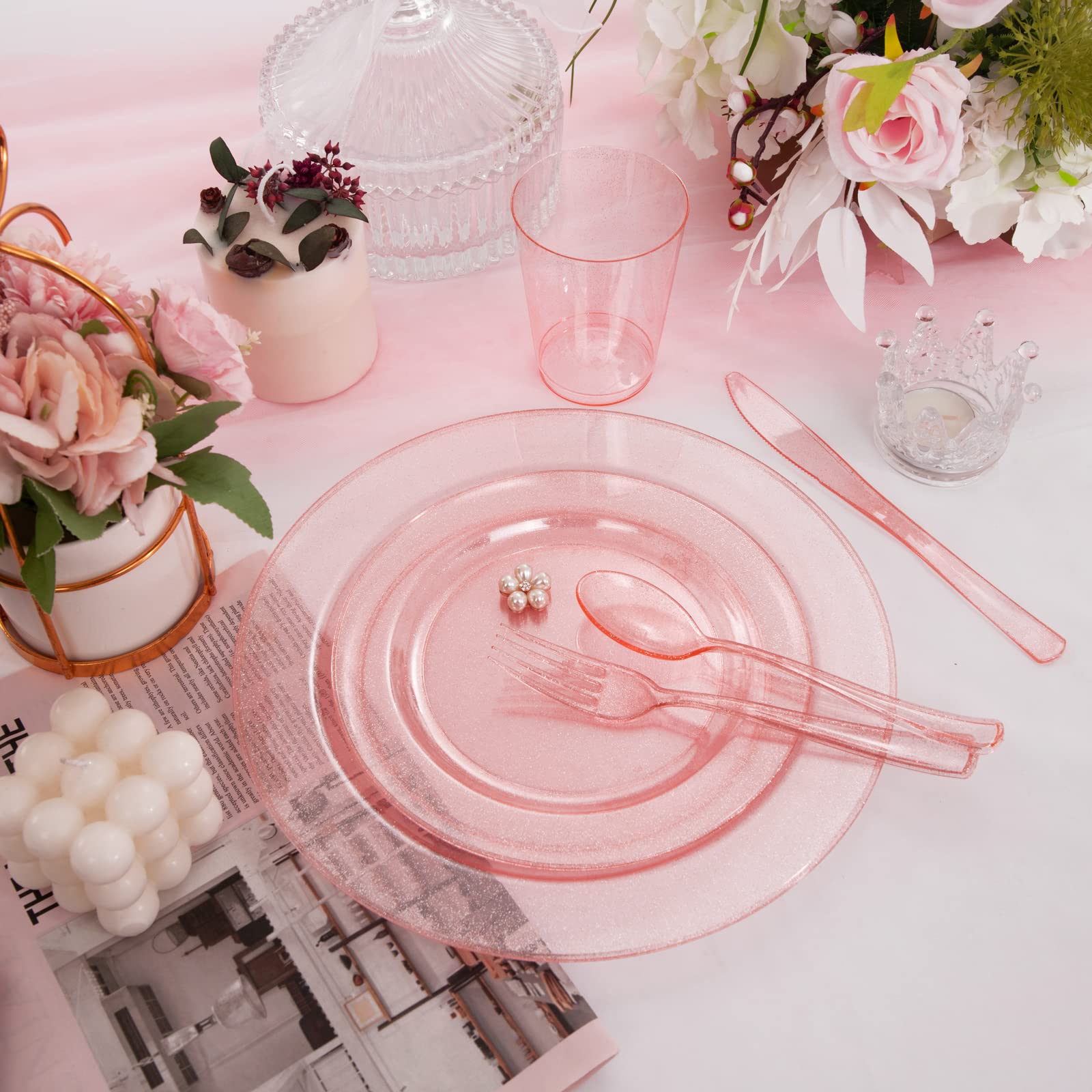 DaYammi 150Pcs Ivory Plastic Plates with Gold Rim,Disposable Plastic Plates Include 30 Dinner Plate,30 Salad Plate,30 Forks,30 Spoons,30 Knives,Ivory and Gold Plates for Party,Wedding,Mother's Day