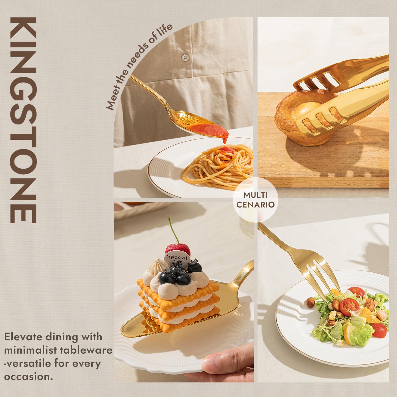 KINGSTONE Large Hostess Serving Utensils Set, 18/10 Stainless Steel Heavy Duty 10-inch Serving Utensils, Slotted Spoons, Forks, Tongs, Cake Pie Server for Buffet, Wedding, Party