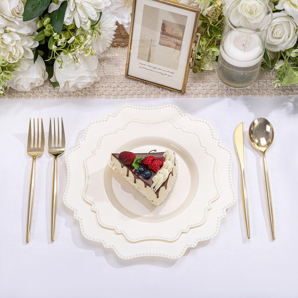 COLOSUS 60PCS White Plastic Plates for 30 guests-Fancy Plastic Beaded Plates,Plastic Plates for Party, Elegant White plates,Include 30 PCS 10.5" Dinner plates & 30PCS 8.25" Dessert plates for easter