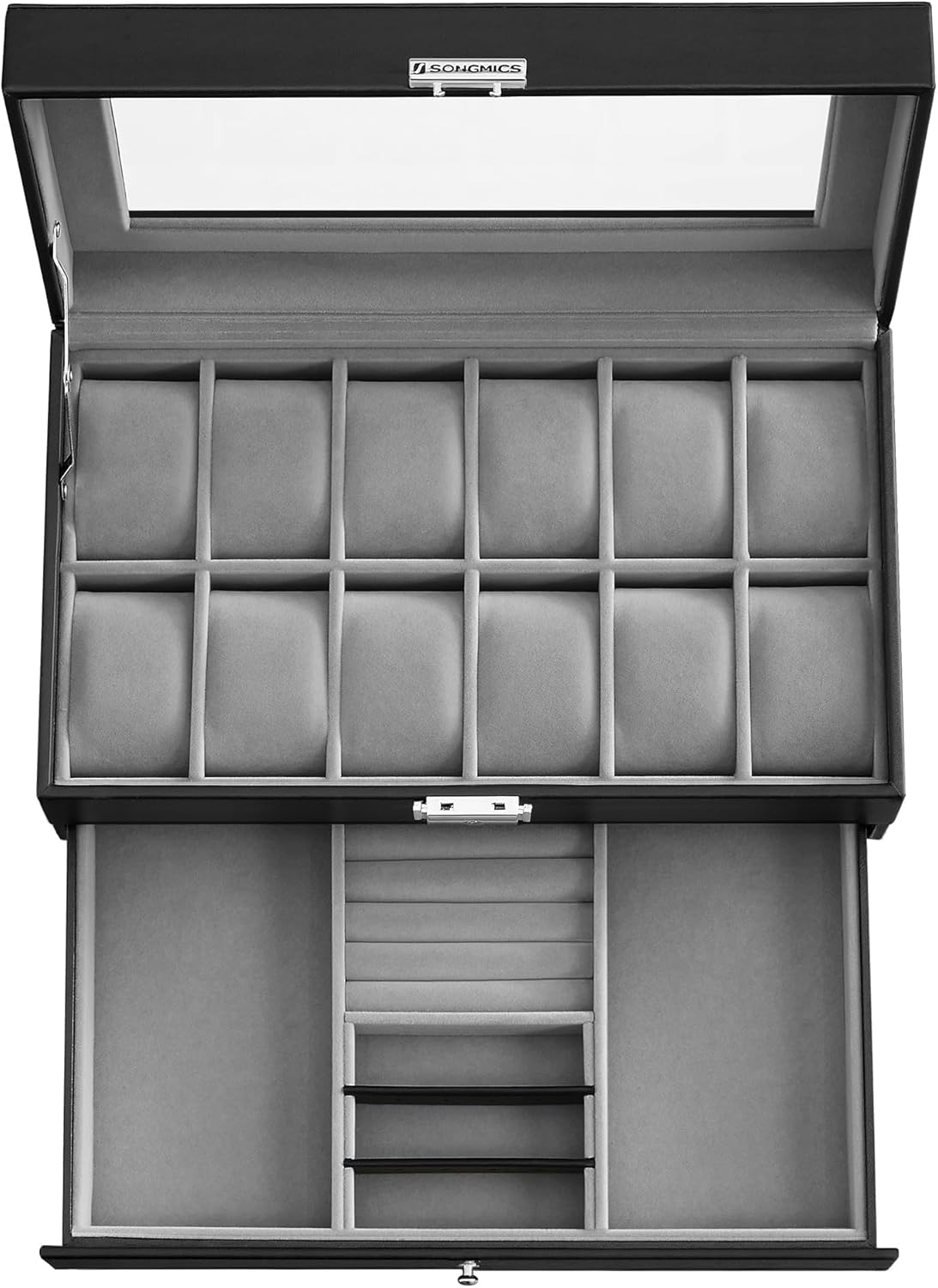 SONGMICS Watch Box, 12-Slot Watch Case Organizer with Large Glass Lid, 2 Layers, Removable Pillows, Metal Lock, Gift for Loved Ones, Black Synthetic Leather, Gray Lining UJWB012